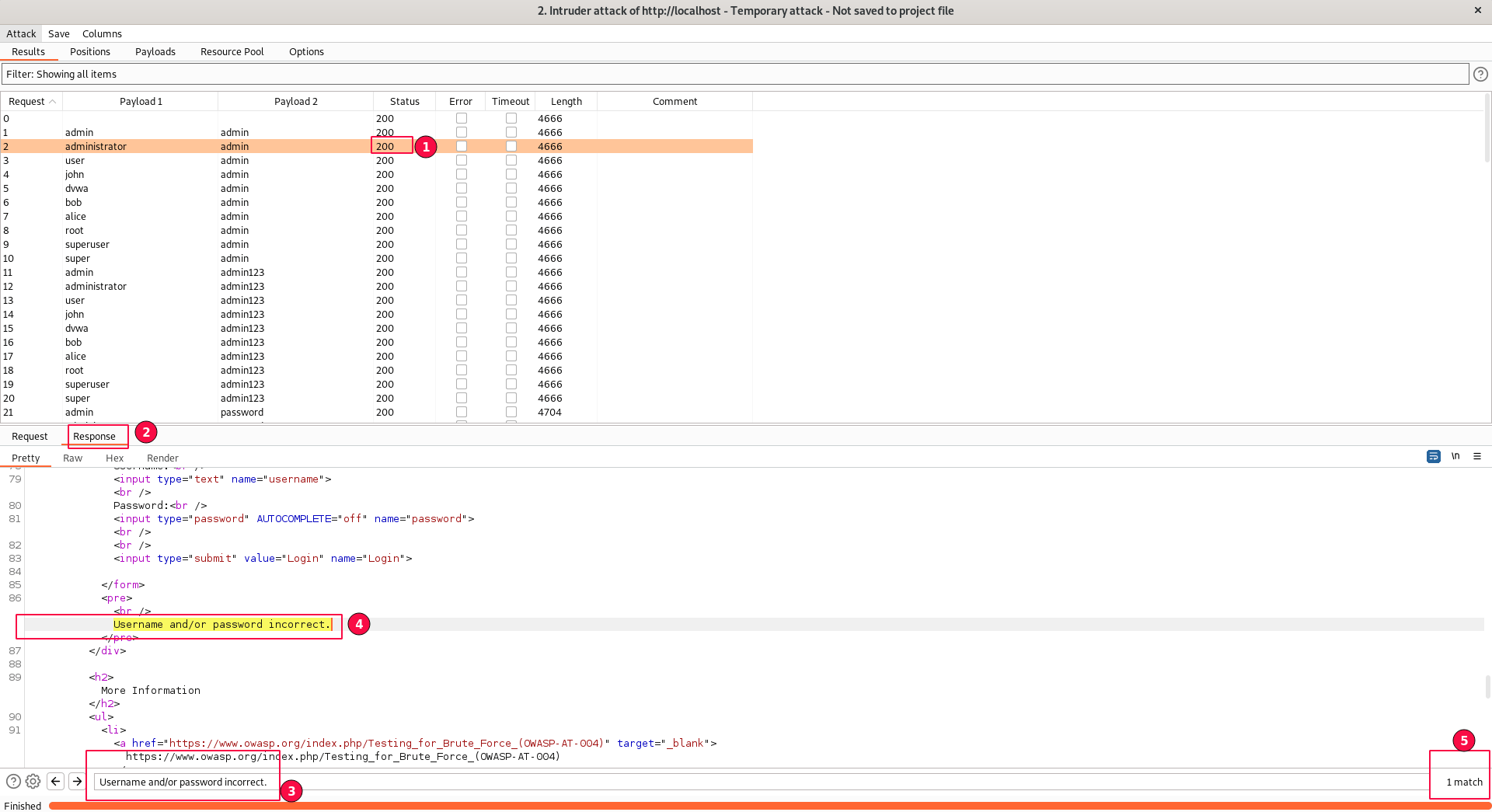 Figure 14: Brute Force Intruder Attack Results