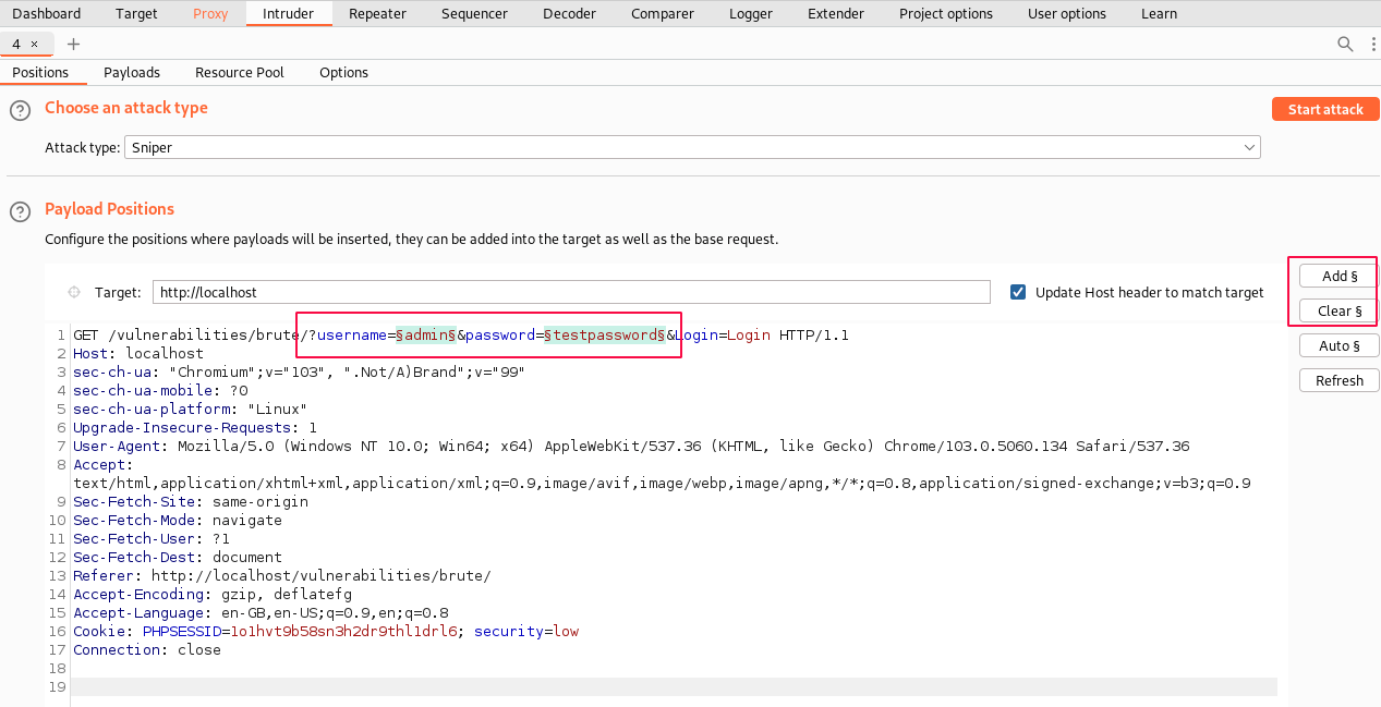 Figure 9: Select the Positions in a Request to autoamte payloads with dictionaries