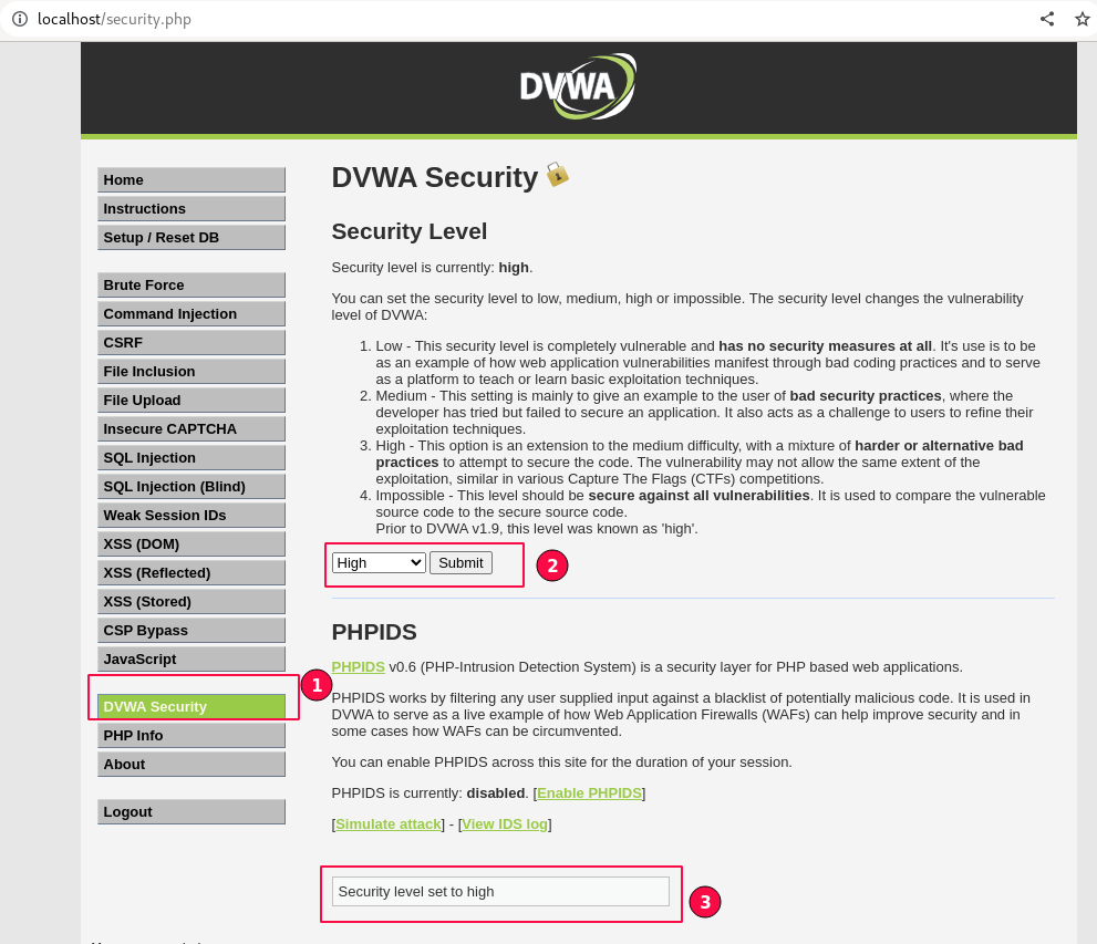 Figure 1: Setting DVWA Security Level to High