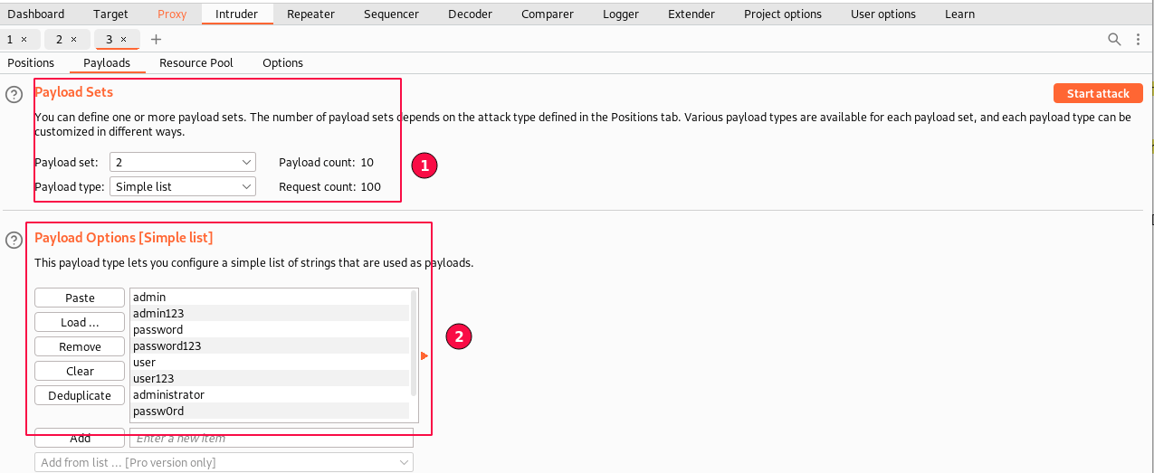 Figure 4: Brute Force Attack - Intruder Payloads Set