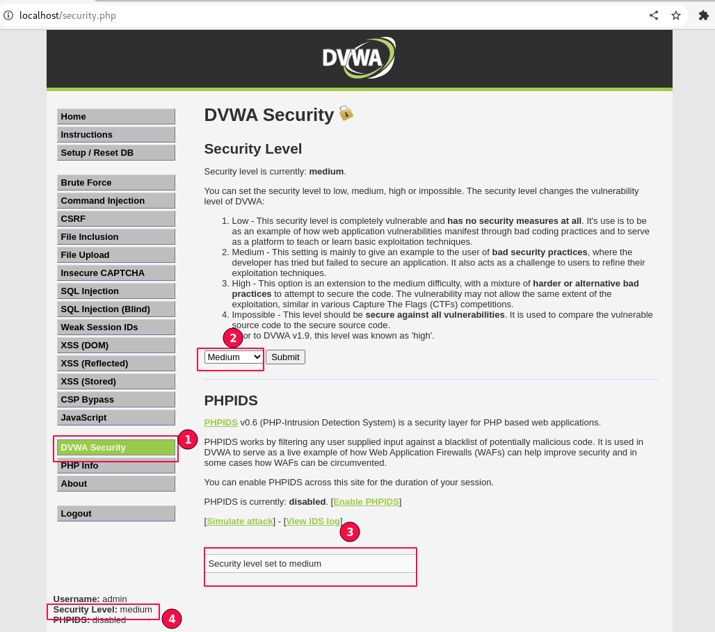 Figure 1: Choosing DVWA Security Level to Medium
