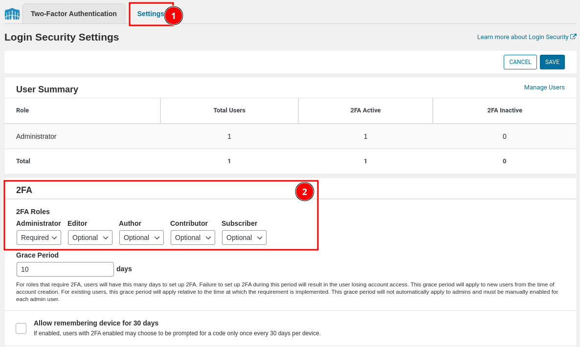 Figure 14: Wordfence - 2FA settings