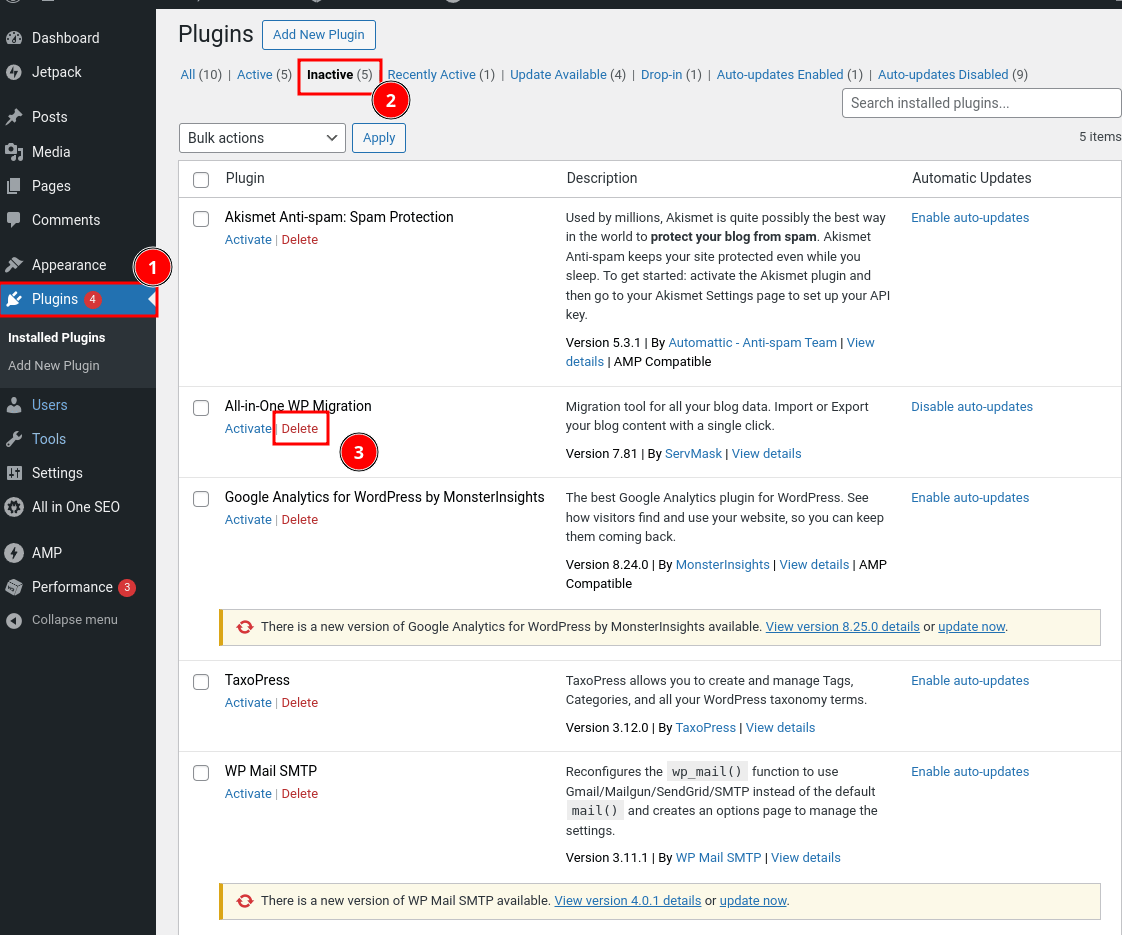 Figure 7: Delete Inactive Plugins
