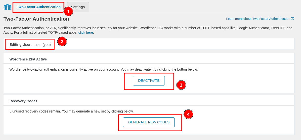 Figure 12: Wordfence 2FA Status - Logged-in user