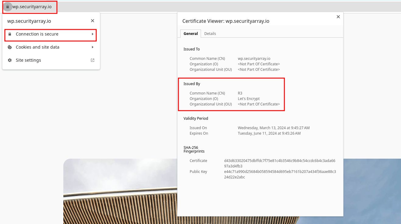 Figure 10: Verifying the site TLS Certificate