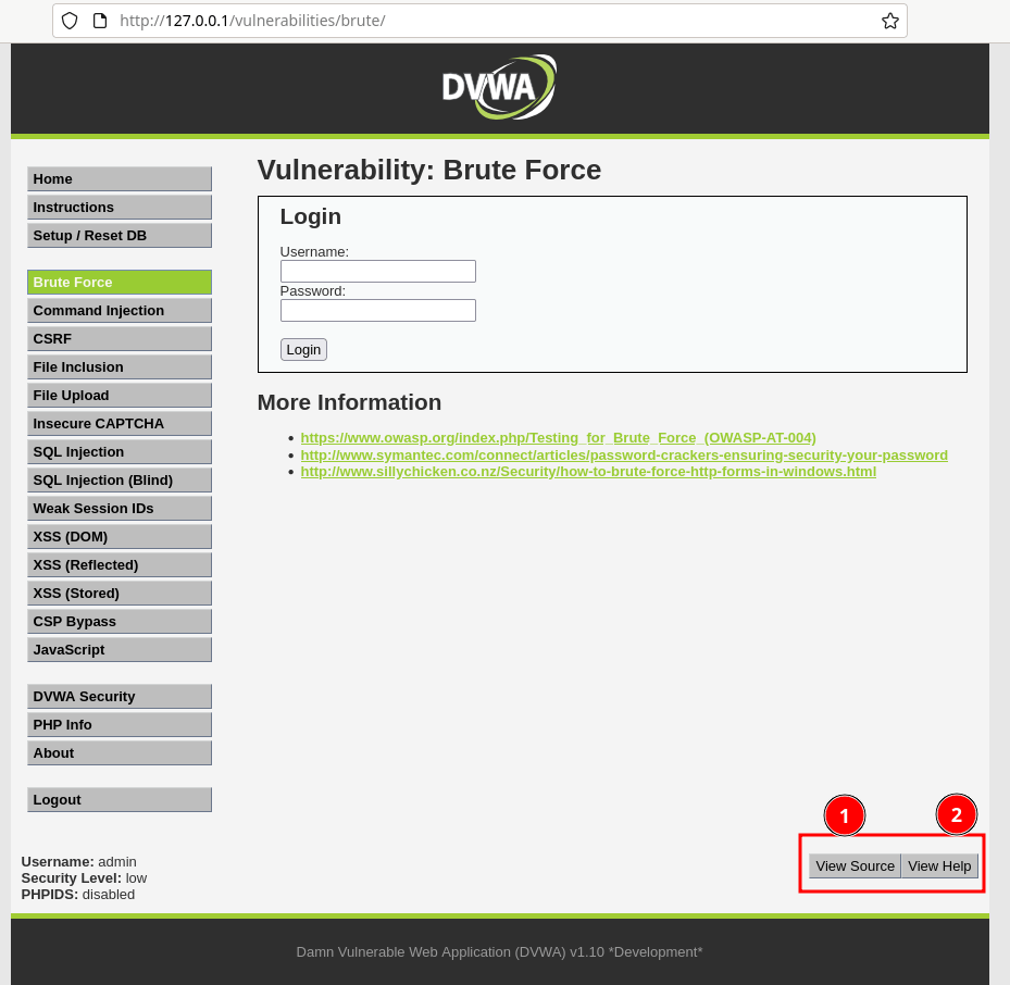 Figure 8: DVWA View Source or Help Information