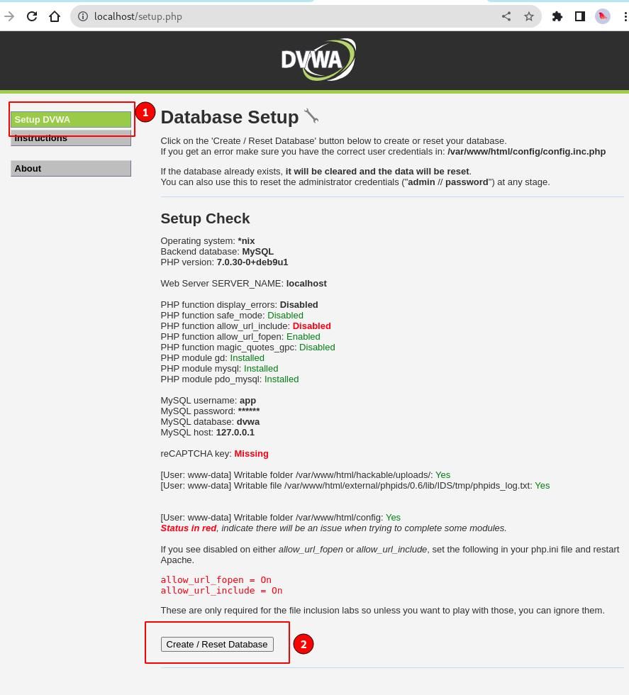 Figure 4: Setting up DVWA