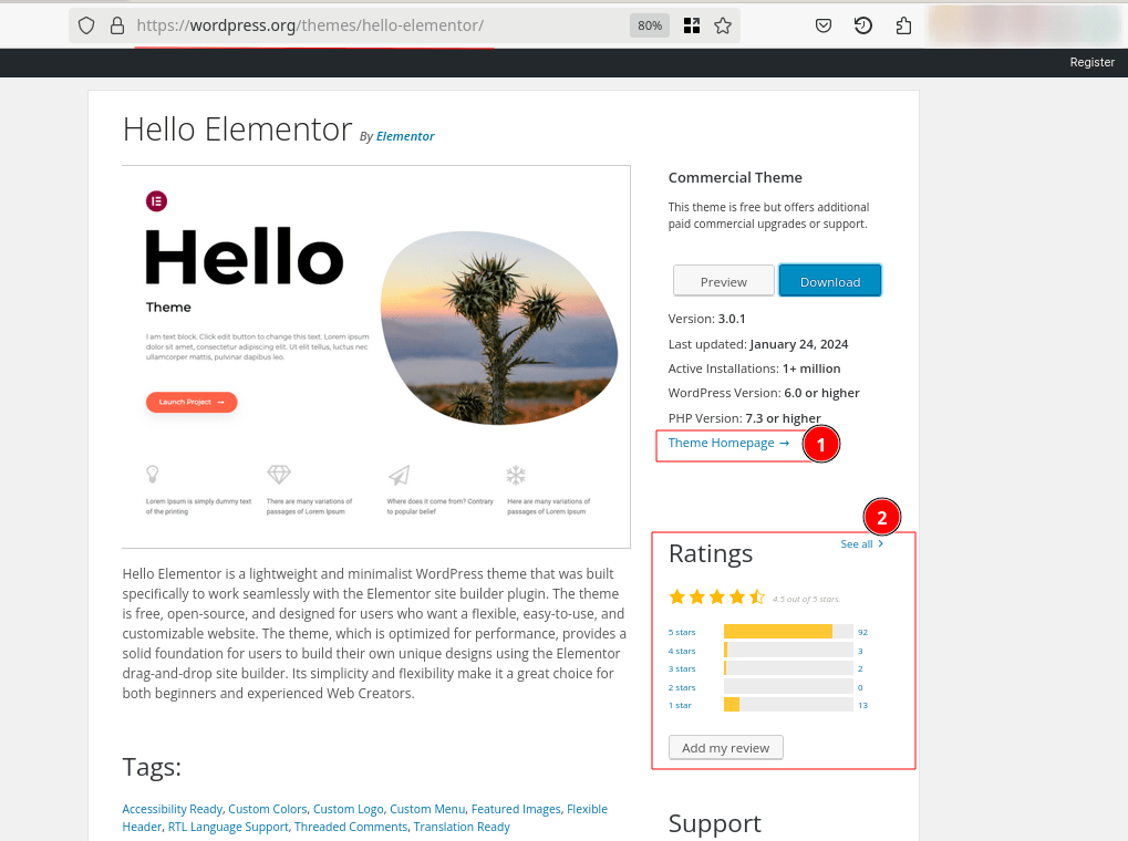 Figure 6: Theme Home Page and Reviews